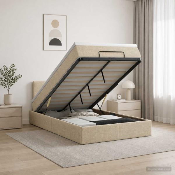 ARDEBO.de - Ottoman Bett mit Matratze mit Kopfteil Creme 120 x 200 cm Stoff