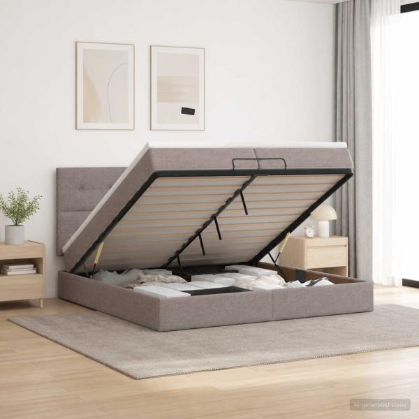 ARDEBO.de - Ottoman Bett mit Matratze mit Kopfteil Taupe 200 x 200 cm Stoff