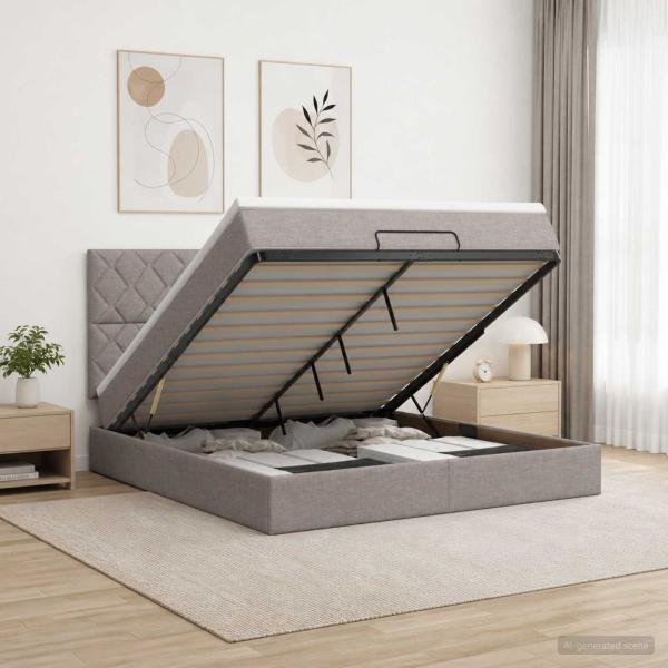 ARDEBO.de - Ottoman Bett mit Matratze mit Kopfteil Taupe 140 x 190 cm Stoff