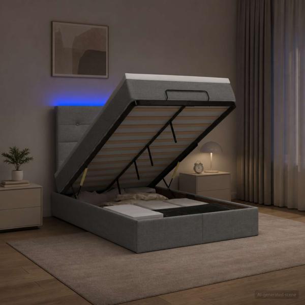 ARDEBO.de - Ottoman-Bett mit Matratze und LED Hellgrau 120 x 200 cm Stoff