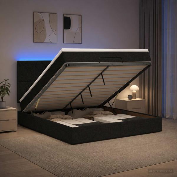 ARDEBO.de - Ottoman-Bett mit Matratze und LED Schwarz 180 x 200 cm Stoff
