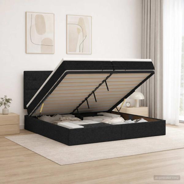 ARDEBO.de - Ottoman-Bett mit Matratze und LED Schwarz 200 x 200 cm Stoff