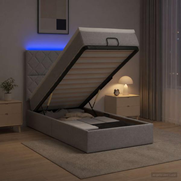 ARDEBO.de - Ottoman-Bett mit Matratze und LED Hellgrau 90 x 190 cm Stoff