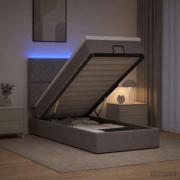 ARDEBO.de - Ottoman-Bett mit Matratze und LED Taupe 100 x 200 cm Stoff