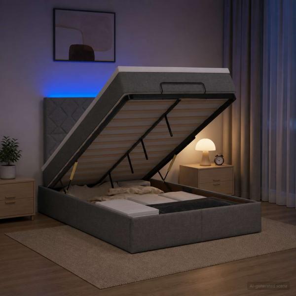 ARDEBO.de - Ottoman-Bett mit Matratze und LED Dunkelgrau 120 x 190 cm Stoff