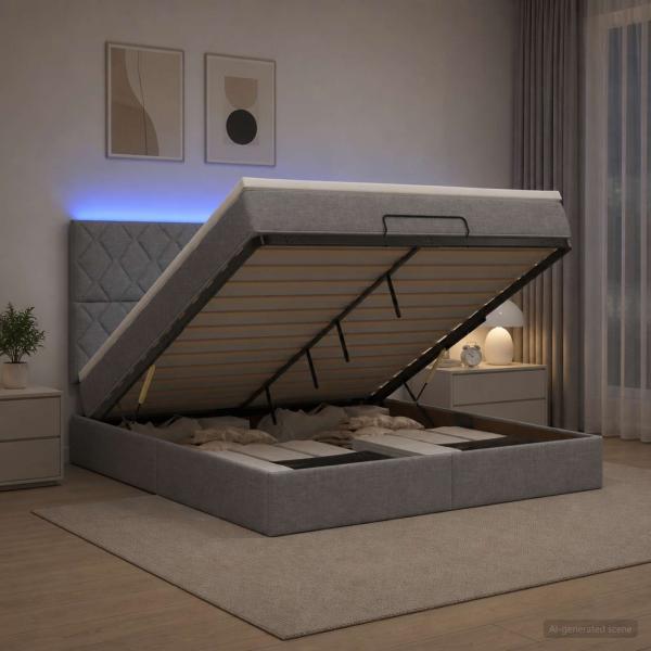 ARDEBO.de - Ottoman-Bett mit Matratze und LED Hellgrau 140 x 190 cm Stoff