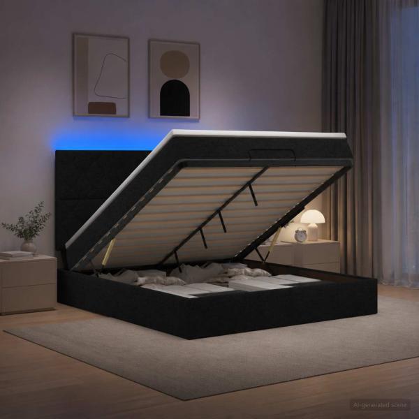 ARDEBO.de - Ottoman-Bett mit Matratze und LED Schwarz 140 x 200 cm Stoff