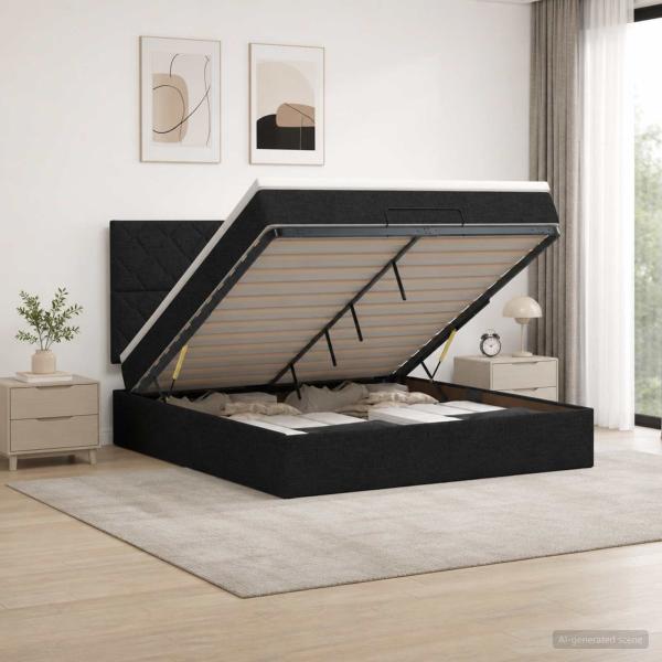 Ottoman-Bett mit Matratze und LED Schwarz 140 x 200 cm Stoff
