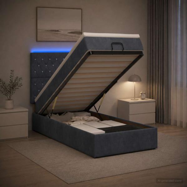 Ottoman-Bett mit Matratze und LED Dunkelgrau 90 x 190 cm Samt