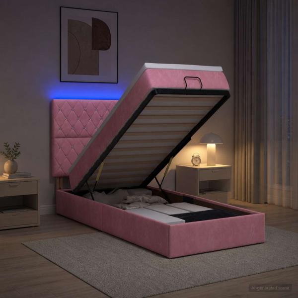 Ottoman-Bett mit Matratze und LED Rosa 90 x 190 cm Samt