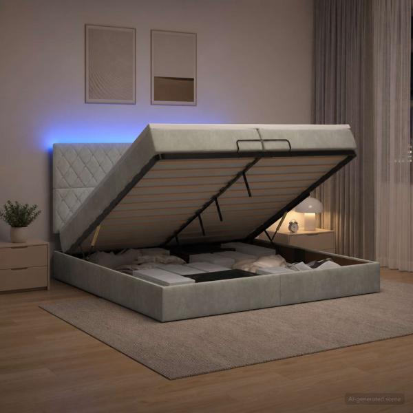 ARDEBO.de - Ottoman-Bett mit Matratze und LED Hellgrau 200 x 200 cm Samt