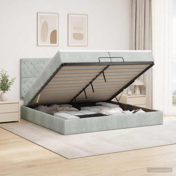 Ottoman-Bett mit Matratze und LED Hellgrau 200 x 200 cm Samt