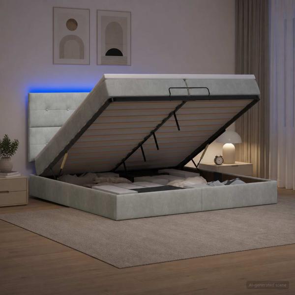 ARDEBO.de - Ottoman-Bett mit Matratze und LED Hellgrau 200 x 200 cm Samt