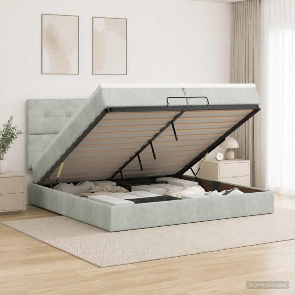 Ottoman-Bett mit Matratze und LED Hellgrau 200 x 200 cm Samt