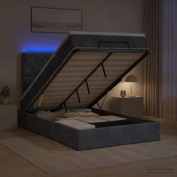 ARDEBO.de - Ottoman-Bett mit Matratze und LED Dunkelgrau 120 x 190 cm Samt