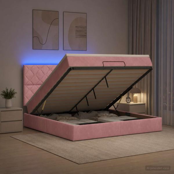 ARDEBO.de - Ottoman-Bett mit Matratze und LED Rosa 180 x 200 cm Samt