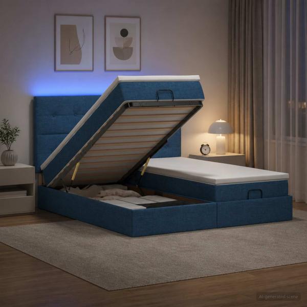 ARDEBO.de - Ottoman-Bett mit Matratze und LED Blau 180 x 200 cm Stoff