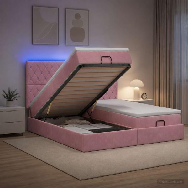 ARDEBO.de - Ottoman-Bett mit Matratze und LED Rosa 200 x 200 cm Samt