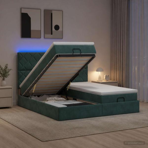 ARDEBO.de - Ottoman-Bett mit Matratze und LED Dunkelgrün 160 x 200 cm Samt