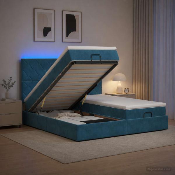 ARDEBO.de - Ottoman-Bett mit Matratze und LED Dunkelblau 160 x 200 cm Samt
