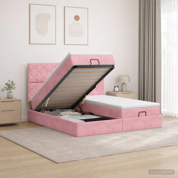 ARDEBO.de - Ottoman-Bett mit Matratze und LED Rosa 180 x 200 cm Samt