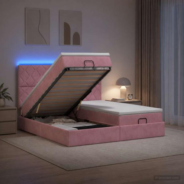 Ottoman-Bett mit Matratze und LED Rosa 180 x 200 cm Samt