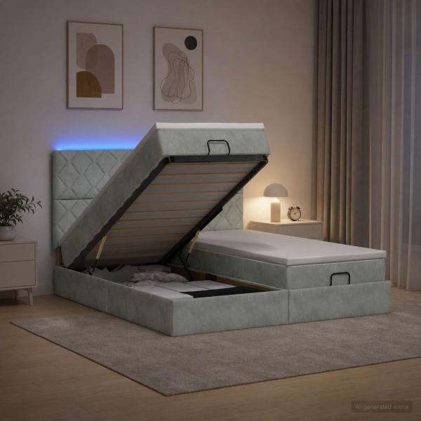 ARDEBO.de - Ottoman-Bett mit Matratze und LED Hellgrau 200 x 200 cm Samt