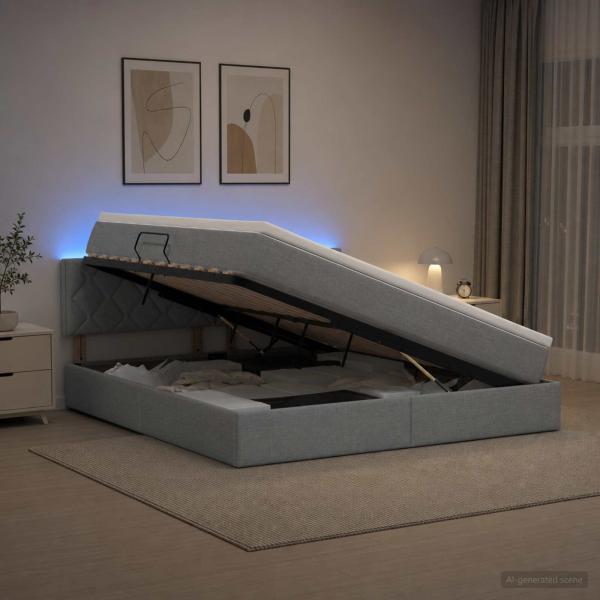 LED-Speicherbett mit Matratze Hellgrau 140 x 200 cm Stoff