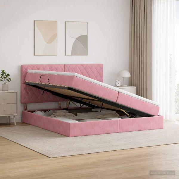 ARDEBO.de - Aufbewahrungsbett mit Matratze Rosa 200 x 200 cm Samt