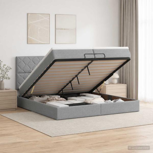 ARDEBO.de - LED-Speicherbett mit Matratze Hellgrau 200 x 200 cm Stoff