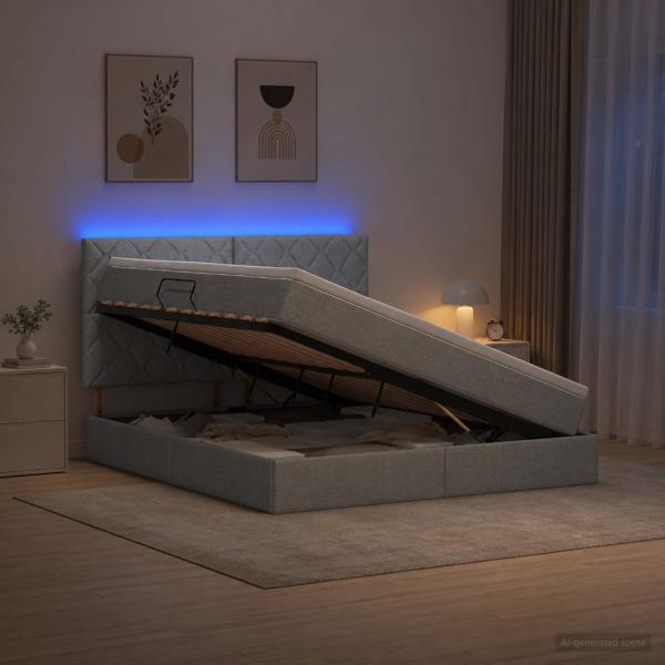 LED-Speicherbett mit Matratze Hellgrau 160 x 200 cm Stoff