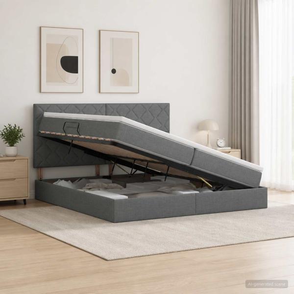 LED-Speicherbett mit Matratze Dunkelgrau 200 x 200 cm Stoff