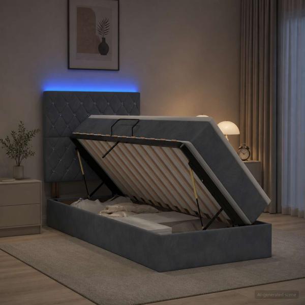 LED-Speicherbett mit Matratze Dunkelgrau 90 x 190 cm Samt