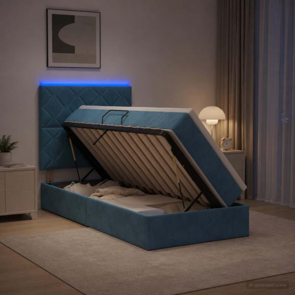 LED-Speicherbett mit Matratze Dunkelblau 90 x 200 cm Samt