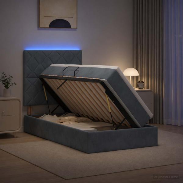 LED-Speicherbett mit Matratze Dunkelgrau 100 x 200 cm Samt