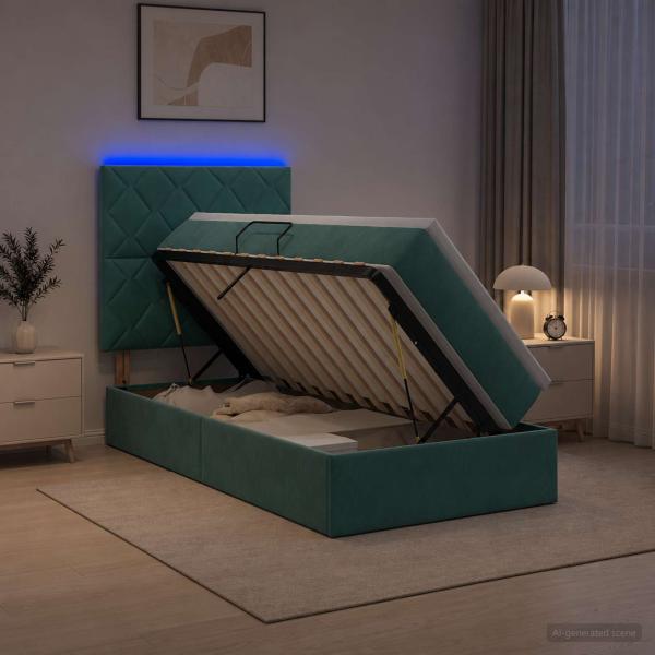 LED-Speicherbett mit Matratze Dunkelgrün 100 x 200 cm Samt