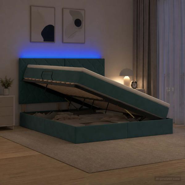 LED-Speicherbett mit Matratze Dunkelgrün 160 x 200 cm Samt
