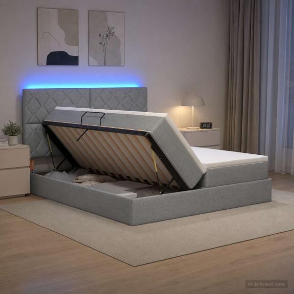 LED-Speicherbett mit Matratze Hellgrau 200 x 200 cm Stoff