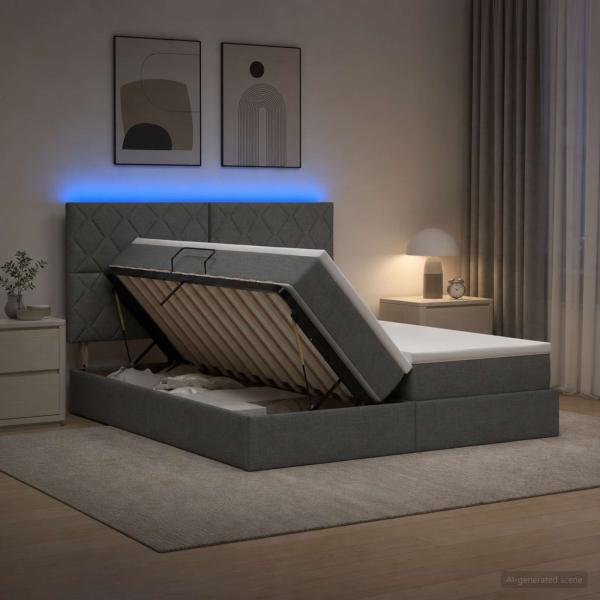ARDEBO.de - LED-Speicherbett mit Matratze Dunkelgrau 200 x 200 cm Stoff