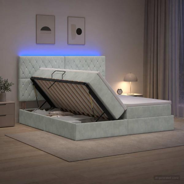 LED-Speicherbett mit Matratze Hellgrau 200 x 200 cm Samt