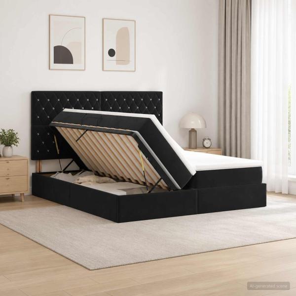 LED-Speicherbett mit Matratze Schwarz 200 x 200 cm Samt