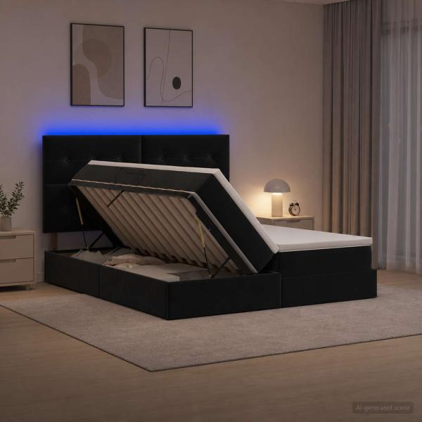 LED-Speicherbett mit Matratze Schwarz 200 x 200 cm Samt
