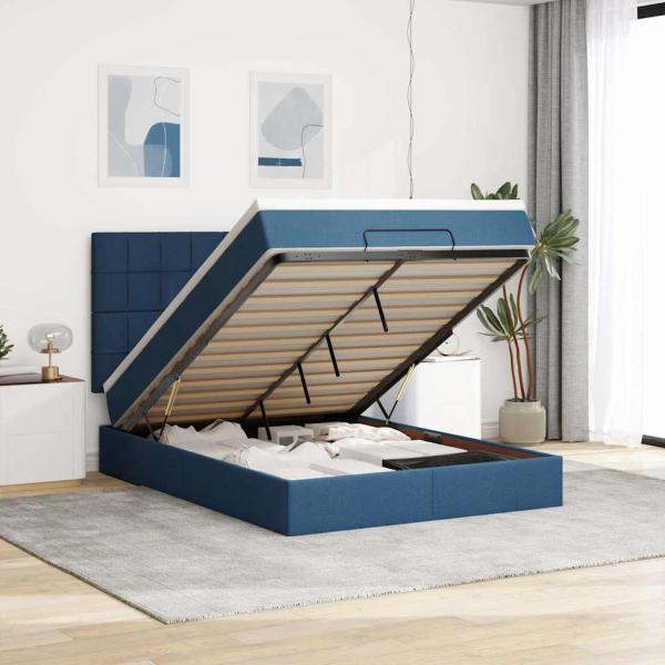 ARDEBO.de - Ottoman-Bett mit Matratze & LEDs Blau 140x190 cm Stoff