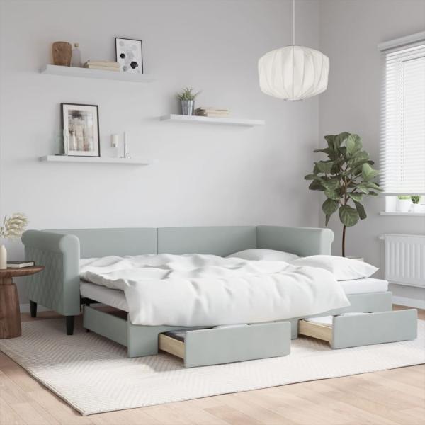 ARDEBO.de - Tagesbett Ausziehbar mit Schubladen Hellgrau 90x200 cm Samt