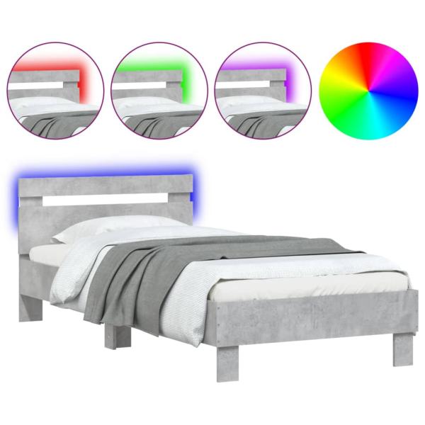 Bettgestell mit Kopfteil und LED-Leuchten Betongrau 75x190 cm