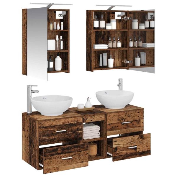 Badezimmermöbel-Set 5 stk. Altholz Ingenieurholz und Glas