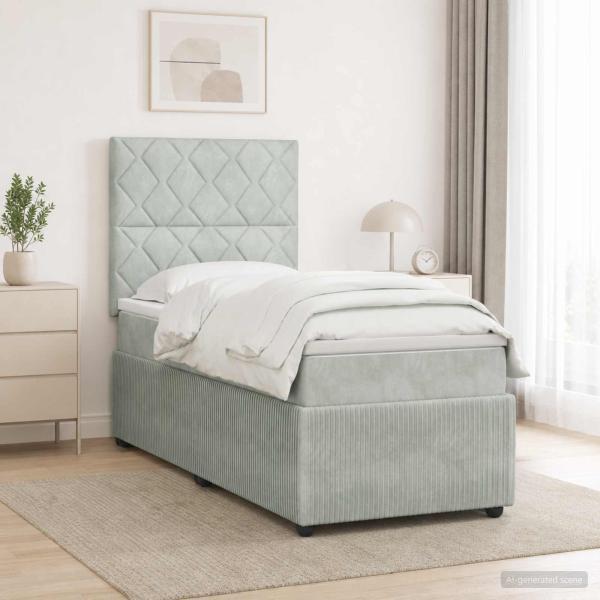 Boxspringbett mit Matratze mit Kopfteil Hellgrau Einzeln Samt