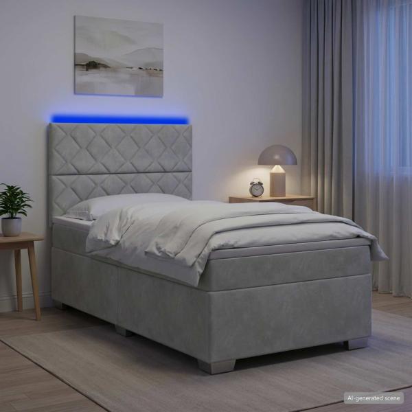 ARDEBO.de - Boxspringbett mit Matratze und LED Hellgrau 90 x 190 cm Samt