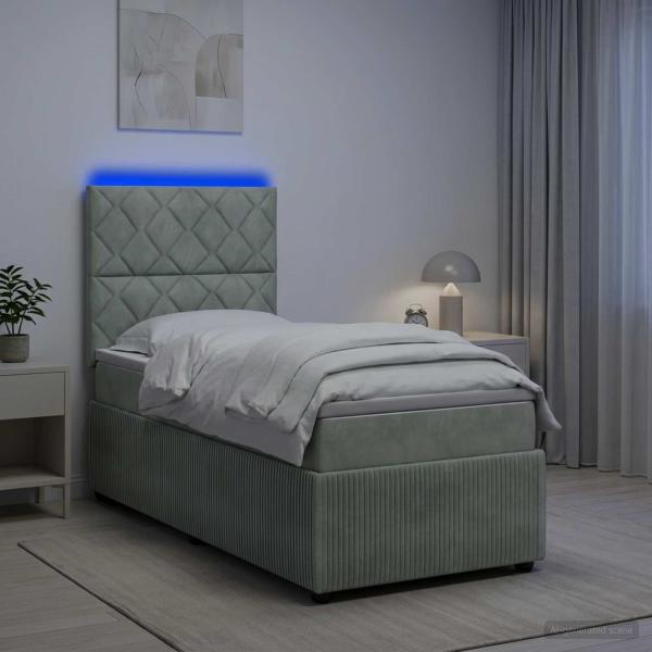 LED Boxspringbett mit Matratze Hellgrau 90 x 190 cm Samt