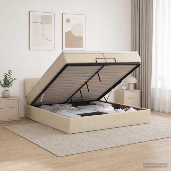 ARDEBO.de - Ottoman-Bett mit Matratze und LED Creme 200 x 200 cm Stoff